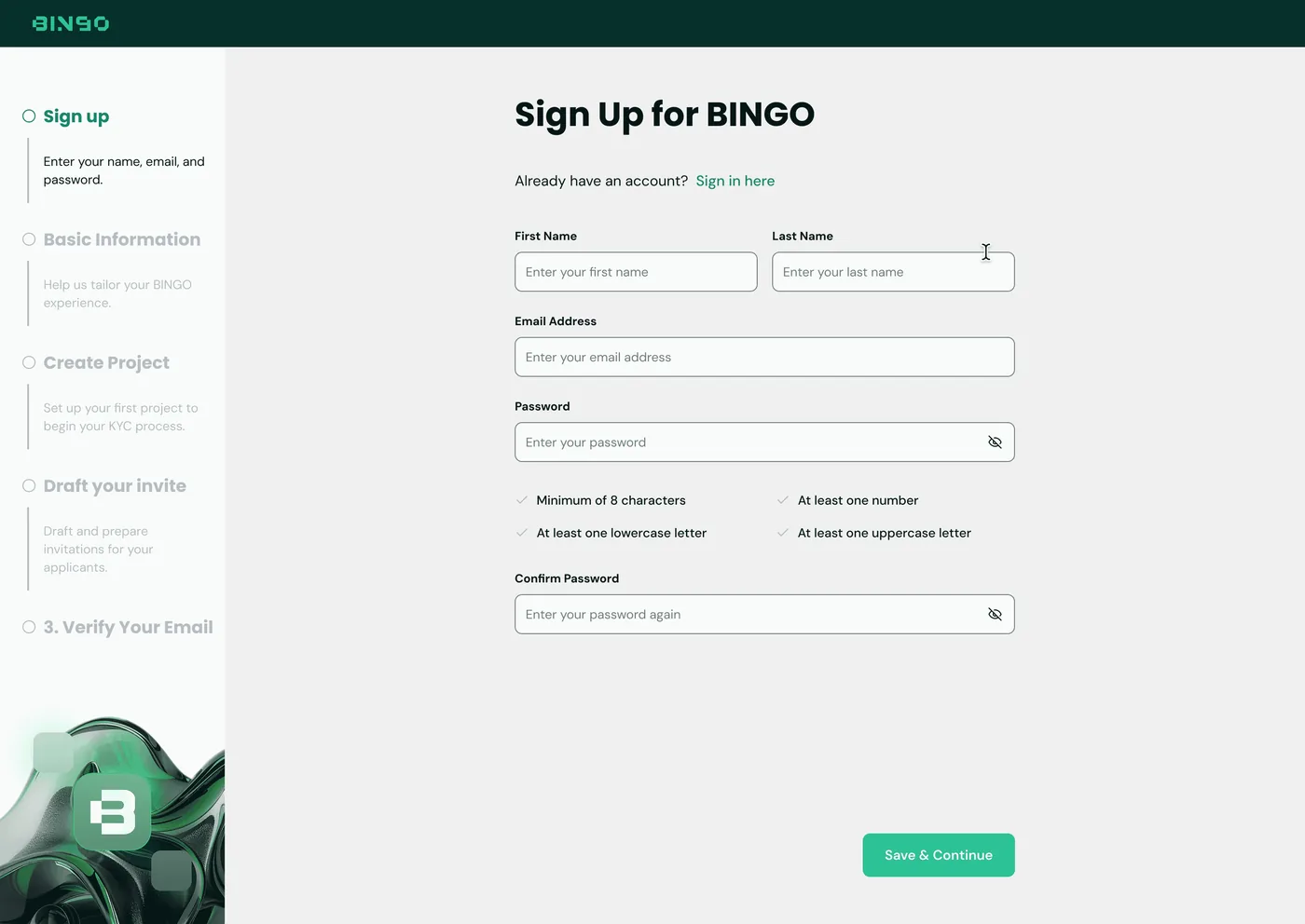 BINGO Admin Console — Admin sign-up, account credentials