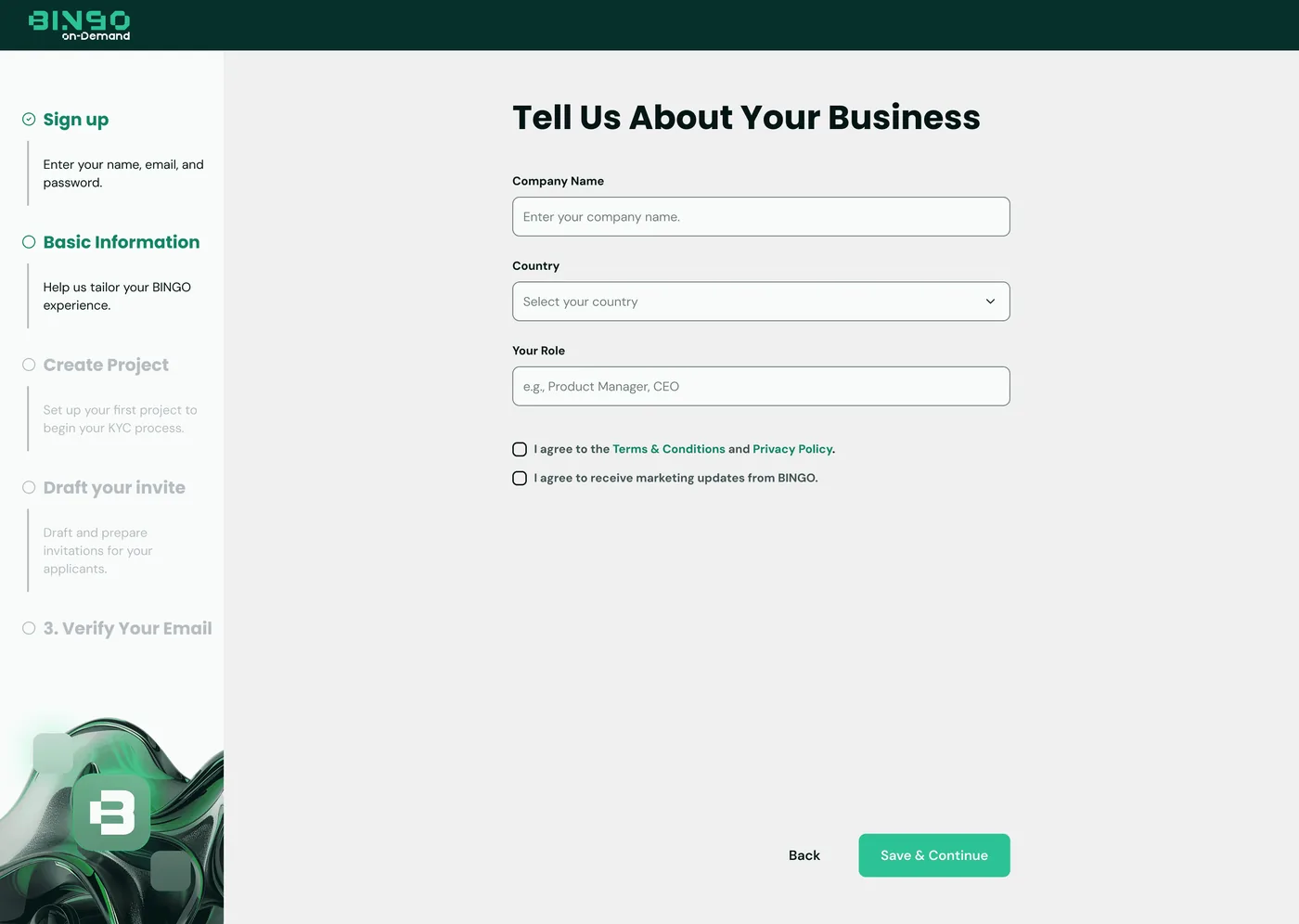 BINGO Admin Console — Business context, step 2 of 5