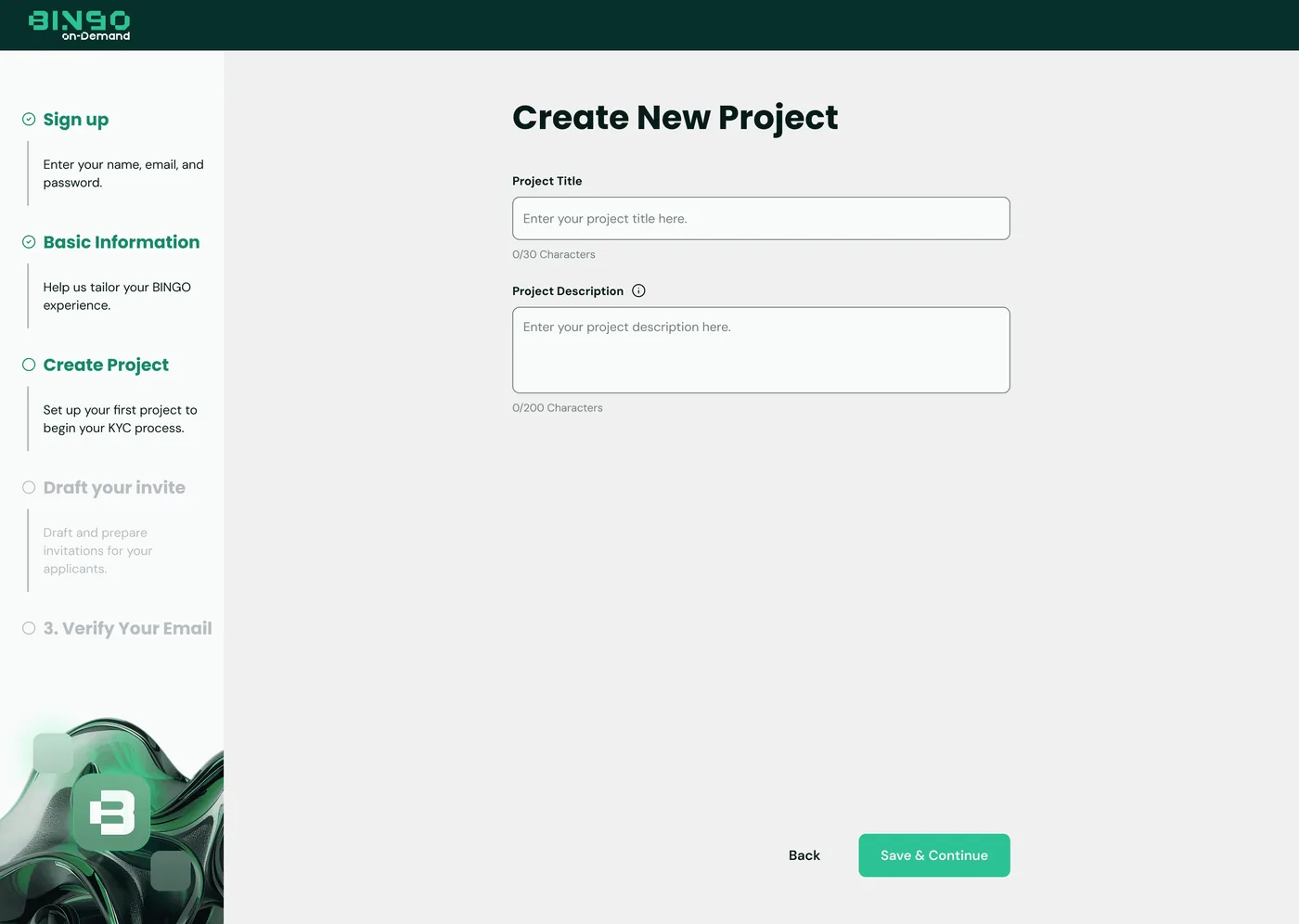 BINGO Admin Console — First project setup, step 3 of 5