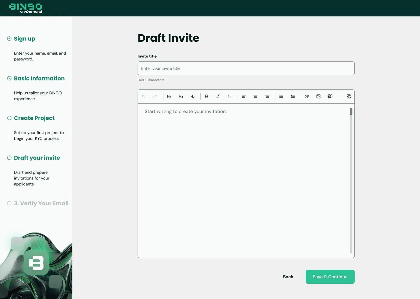 BINGO Admin Console — Invitation template, step 4 of 5
