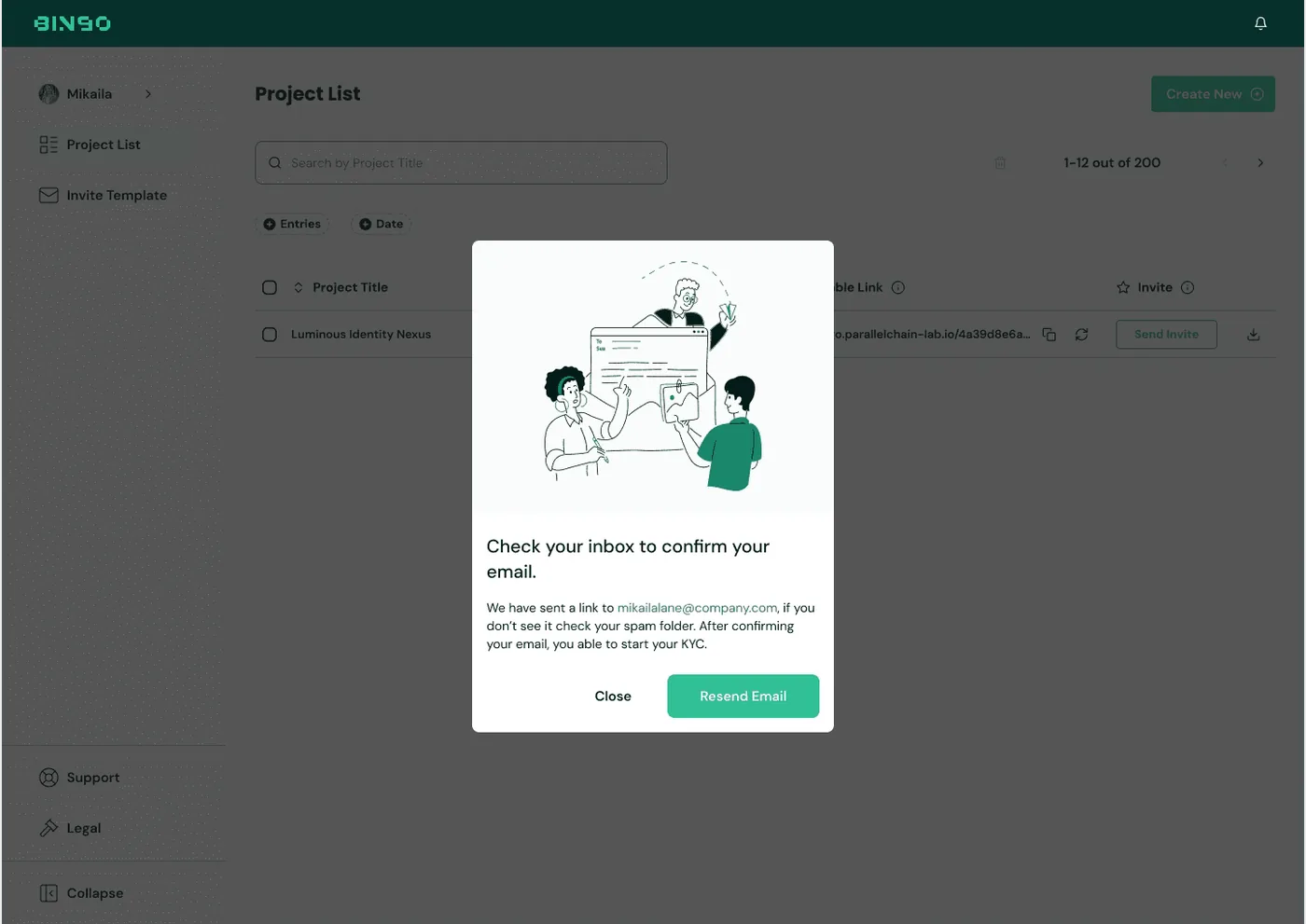 BINGO Admin Console — Email verification, inline confirmation modal