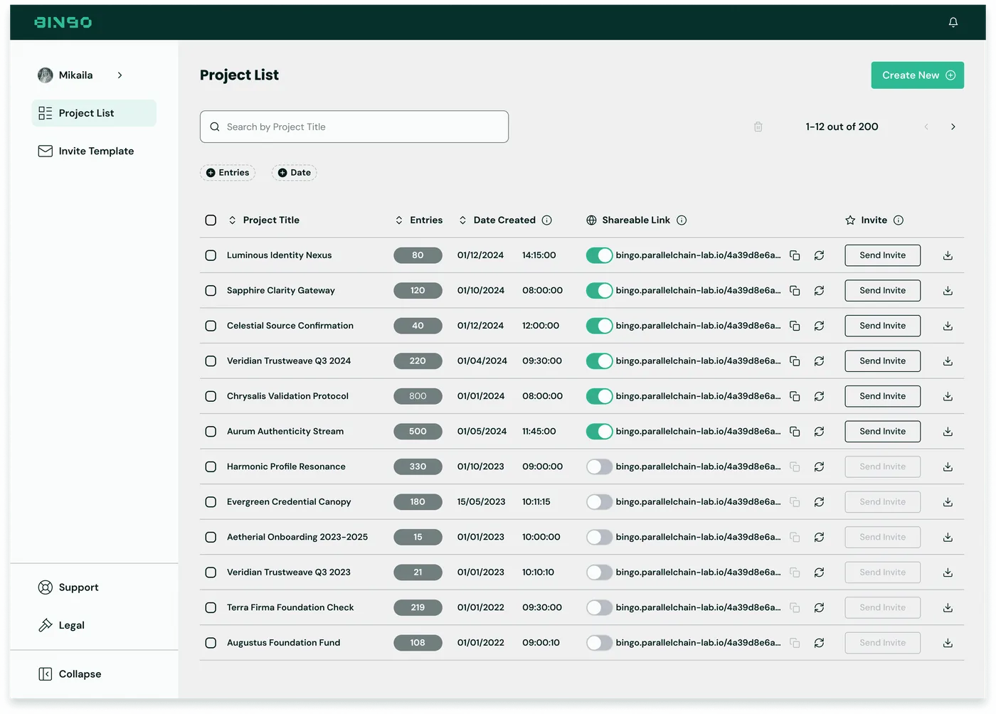 BINGO Admin Console — Project list, multi-project overview