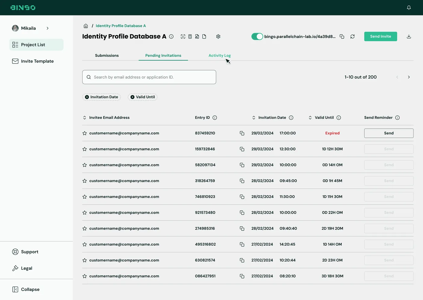 BINGO Admin Console — Pending invitations, expiry tracking