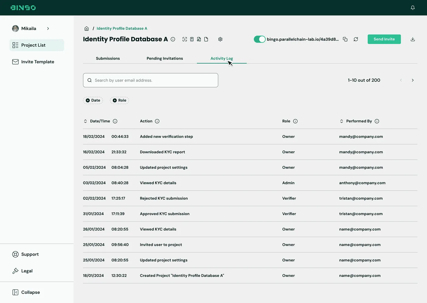 BINGO Admin Console — Activity log, compliance audit trail