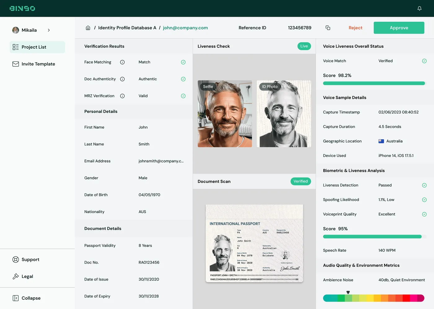 BINGO Admin Console — Submission detail, full biometric review