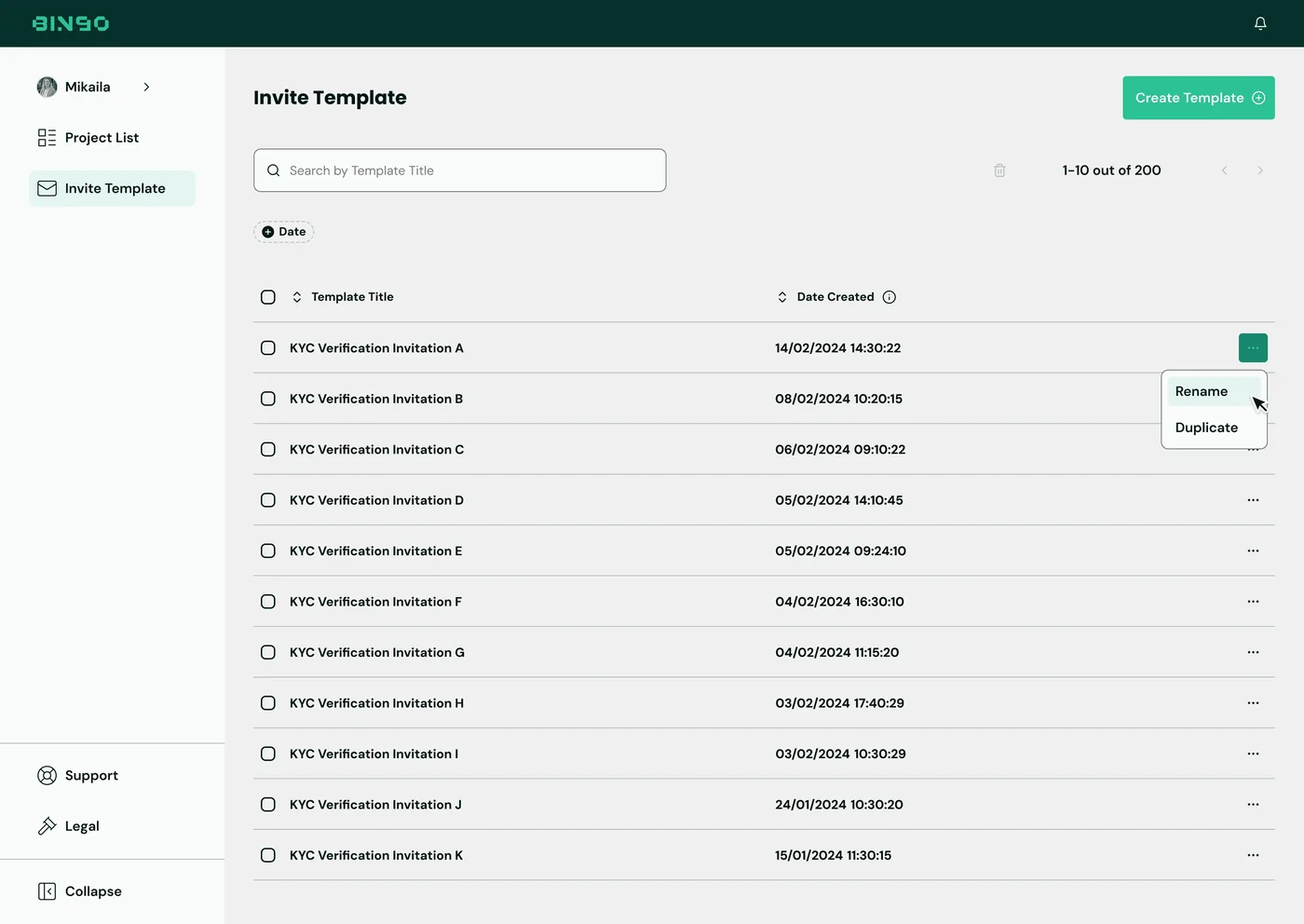 BINGO Admin Console — Invitation template library