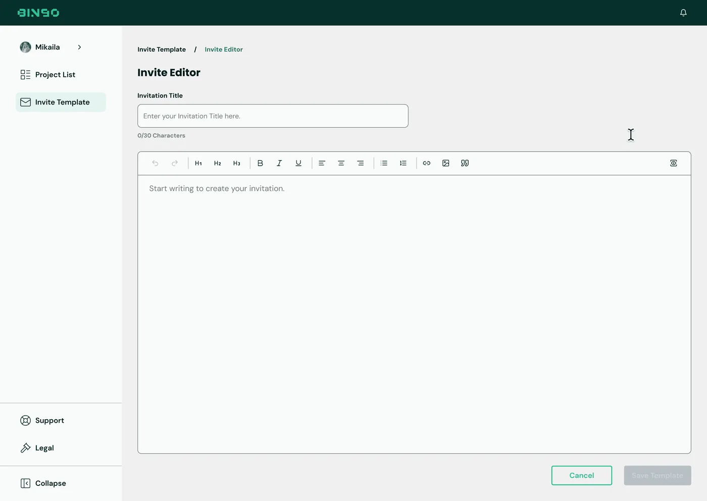 BINGO Admin Console — Template editor, blank state