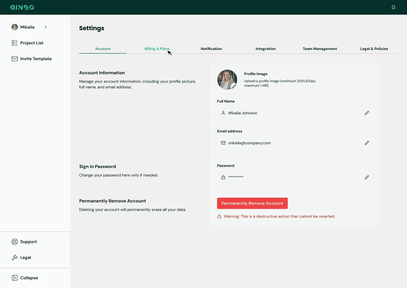 BINGO Admin Console — Account information and password management