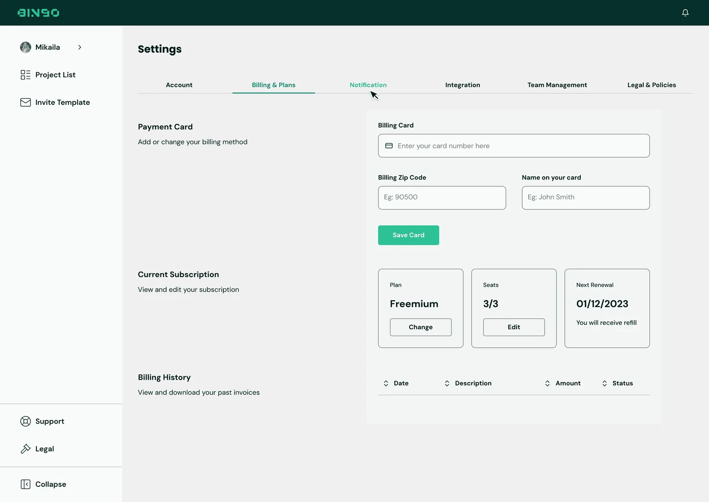 BINGO Admin Console — Billing, subscription, and plan management
