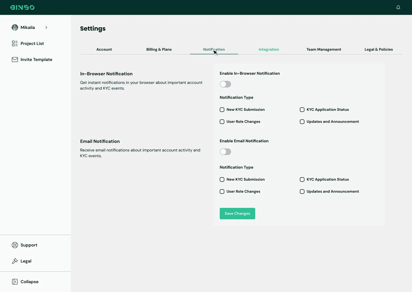 BINGO Admin Console — Notification preferences, channel and type control