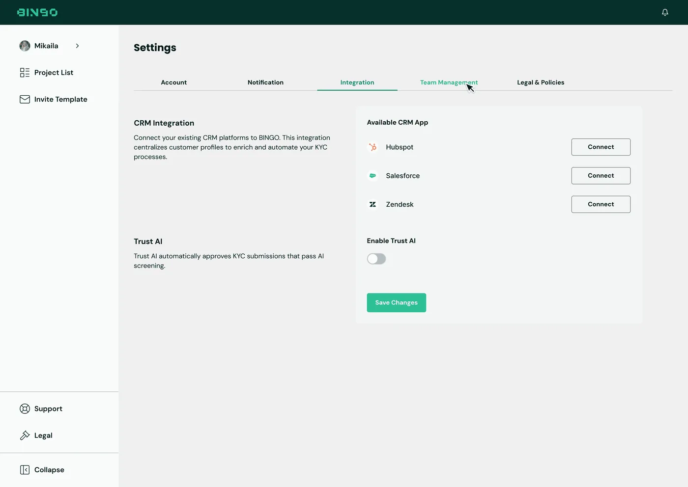 BINGO Admin Console — CRM integration and AI screening toggle