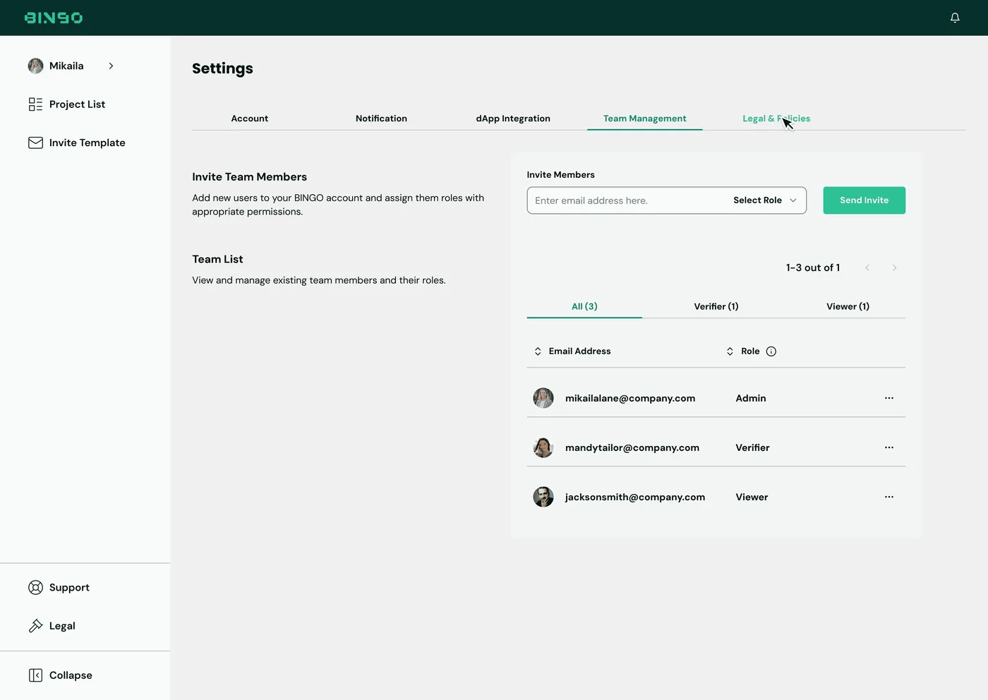 BINGO Admin Console — Team roles and invitation management