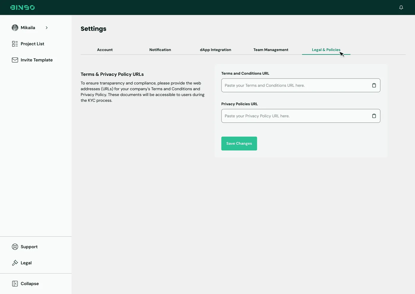BINGO Admin Console — Terms and privacy policy URL configuration