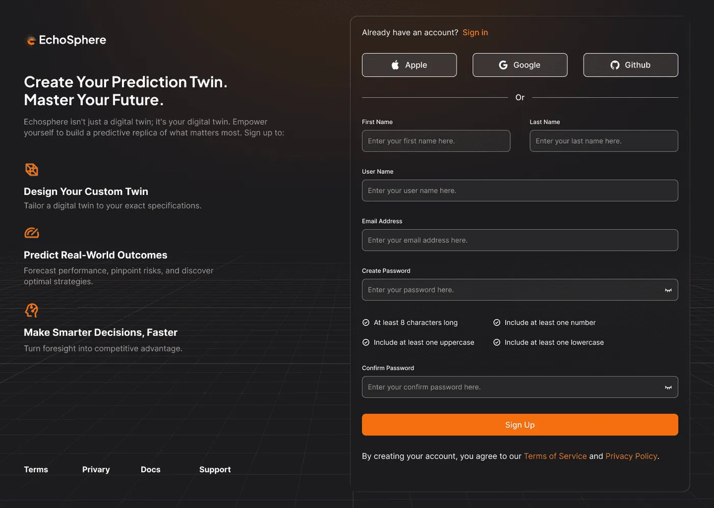 Spatialworks Digital Twin — Dual-panel sign-up layout