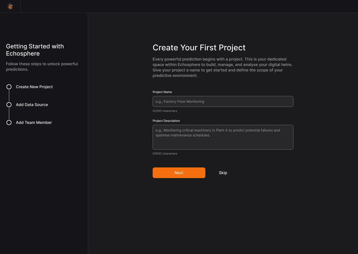 Spatialworks Digital Twin — Guided project creation, step 1 of 3