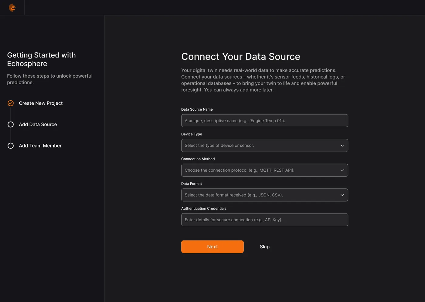 Spatialworks Digital Twin — Data source connection, step 2 of 3