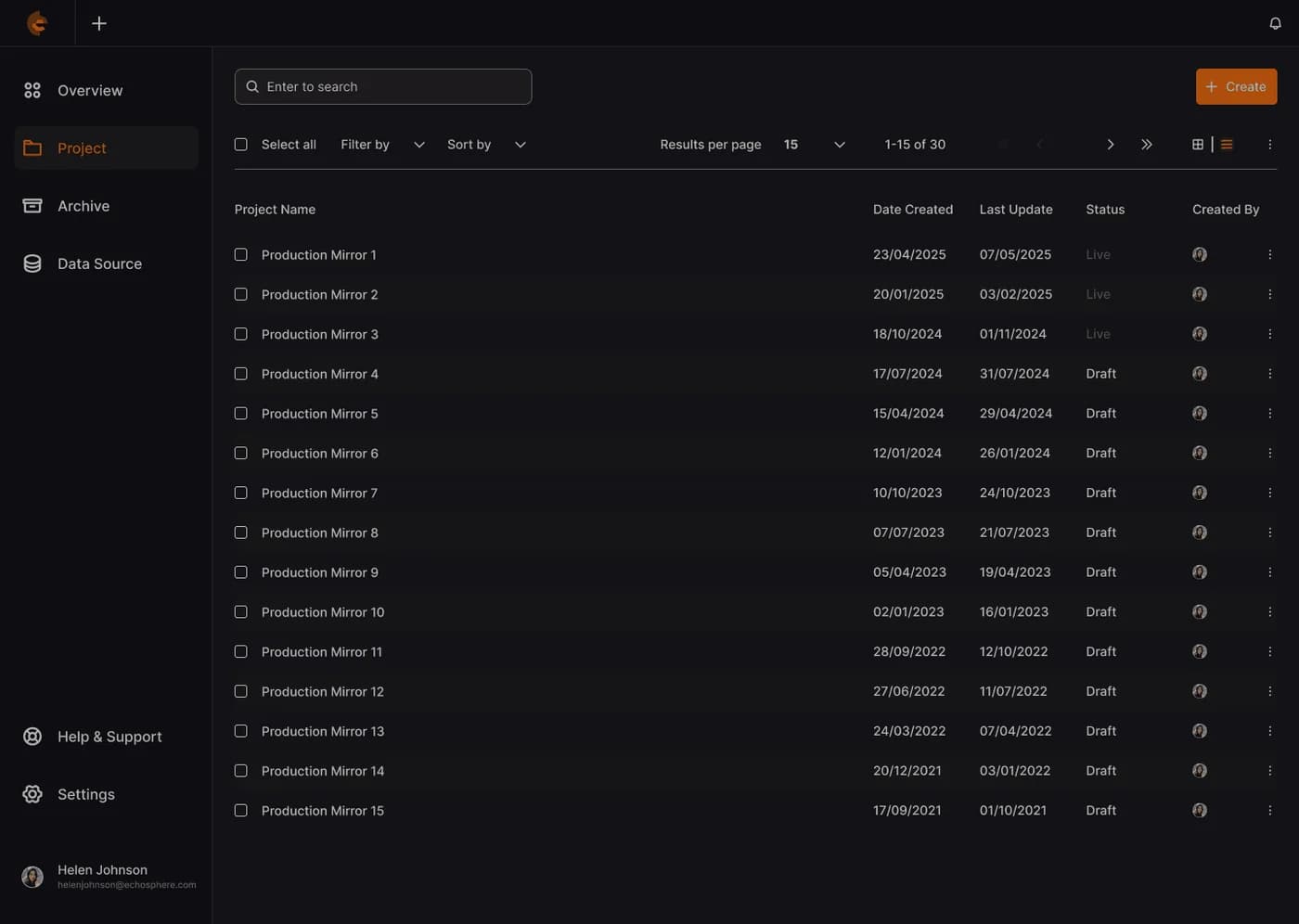 Spatialworks Digital Twin — Project list, tabular view