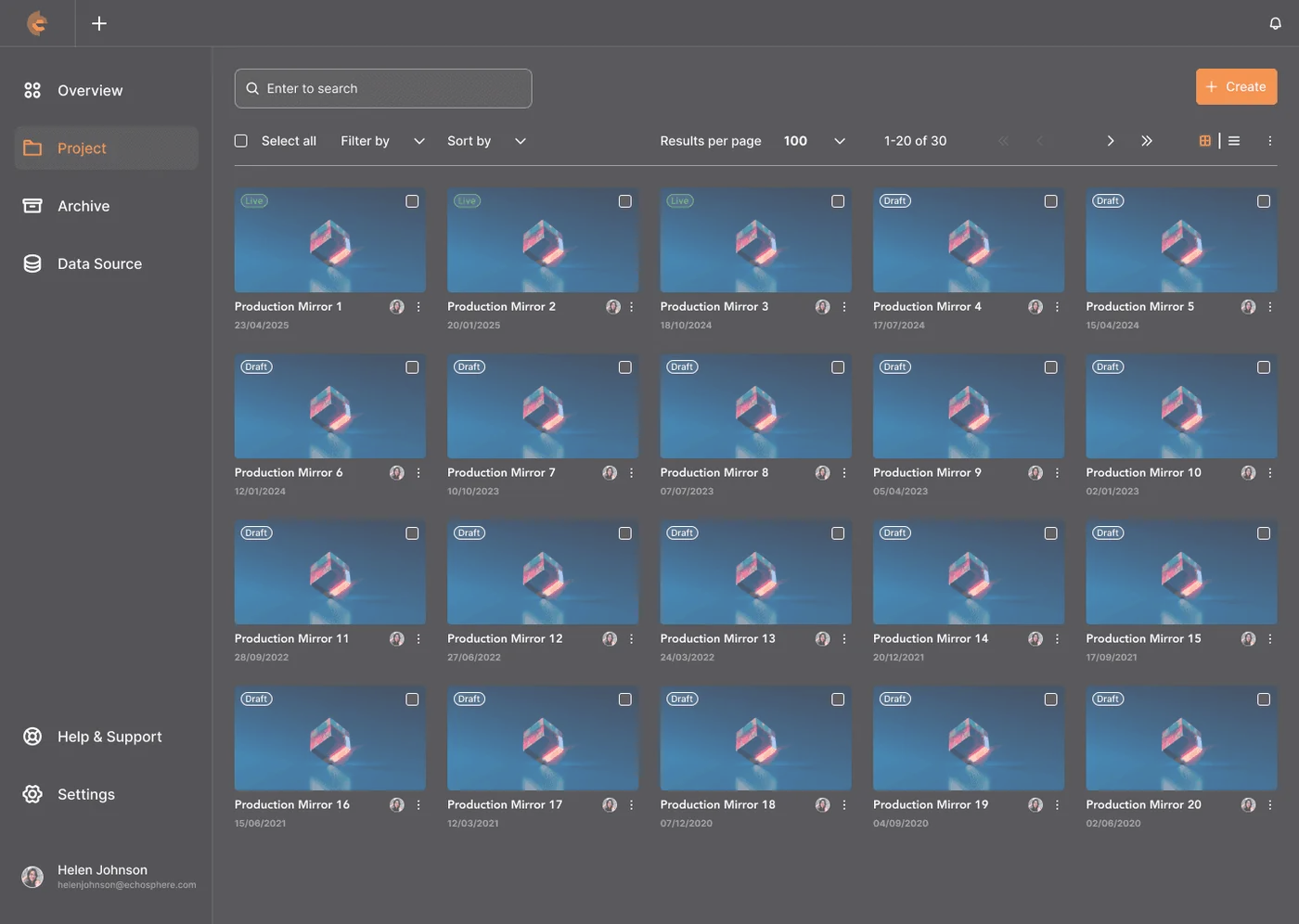 Spatialworks Digital Twin — Project list, card grid view