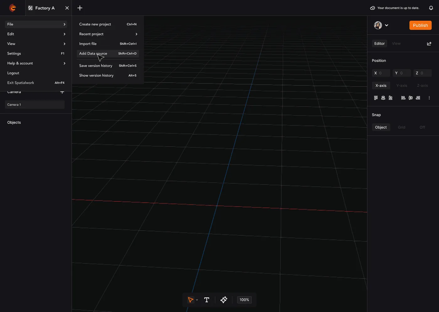 Spatialworks Digital Twin — File menu with version history