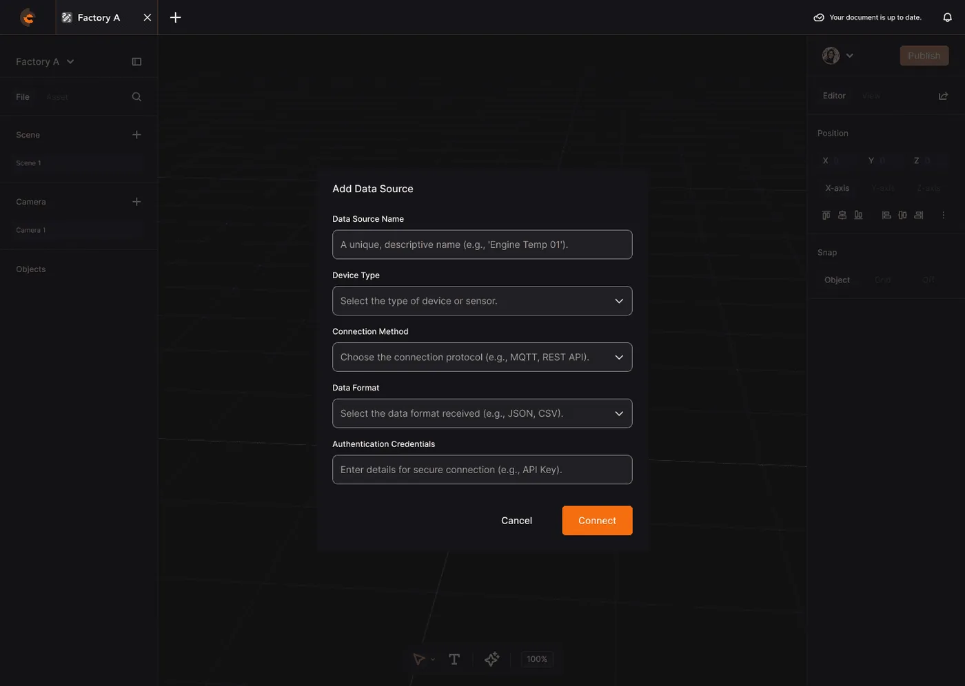 Spatialworks Digital Twin — Data source binding, in-canvas modal