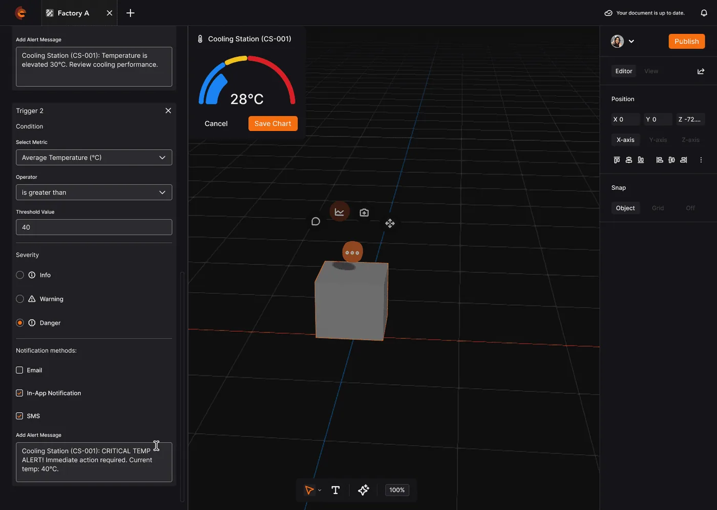 Spatialworks Digital Twin — Alert trigger with severity and notification routing
