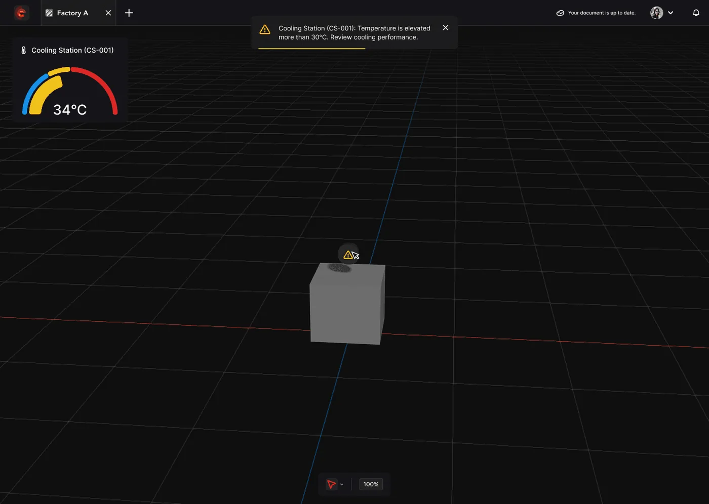 Spatialworks Digital Twin — Live alert, temperature threshold breach