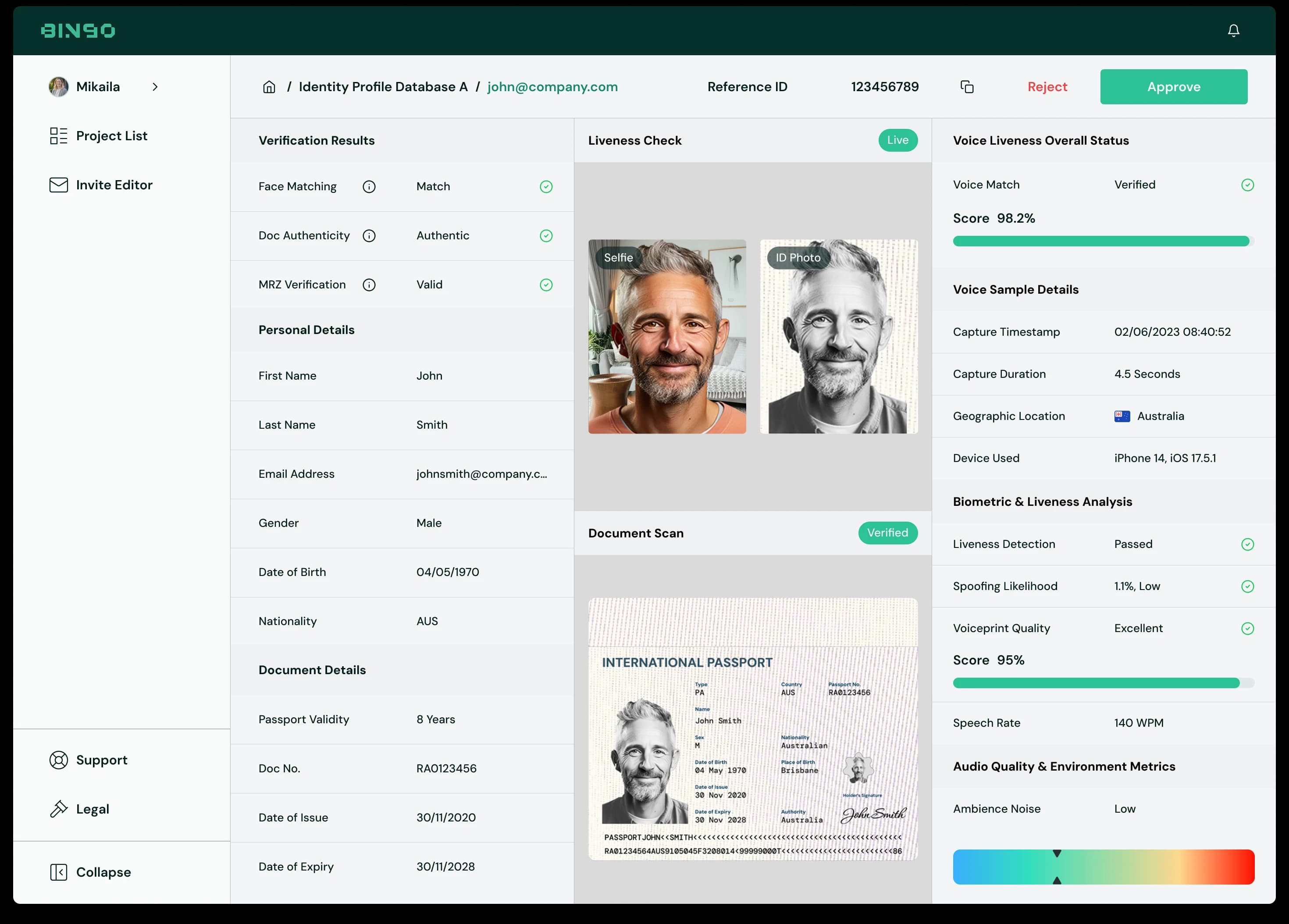 The BINGO admin console identity review: face matching, document scan and voice liveness analysis for one applicant, ready for an approve or reject decision