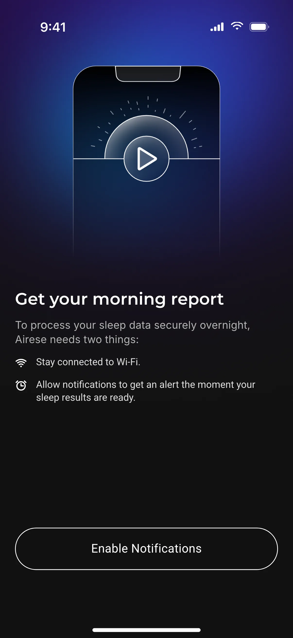 Airese onboarding, notifications framed as the one alert worth allowing: the morning report is ready