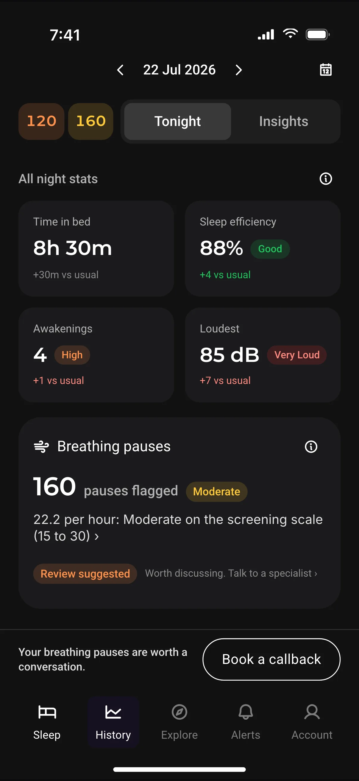 Airese Tonight tab: banded chips, all-night stats, the breathing pauses card and the callback bar