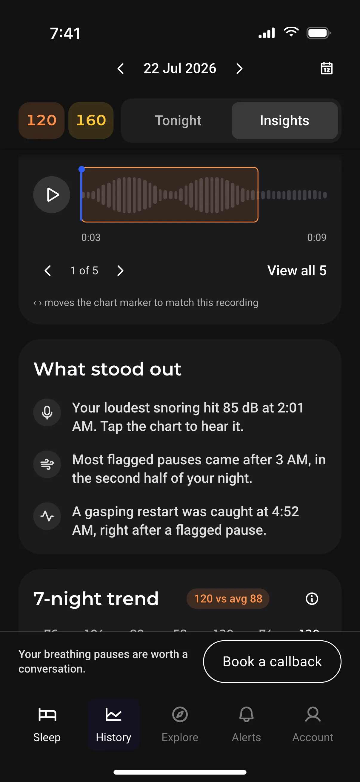 Airese Insights tab: what stood out, the 7-night trend and the callback line