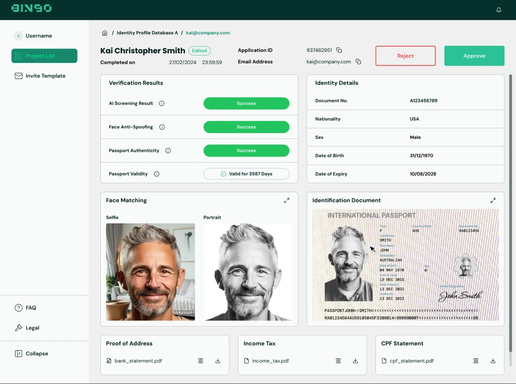 v.02 of the submission detail: six separate cards holding verification results, identity details, face matching, the passport scan and three supporting documents